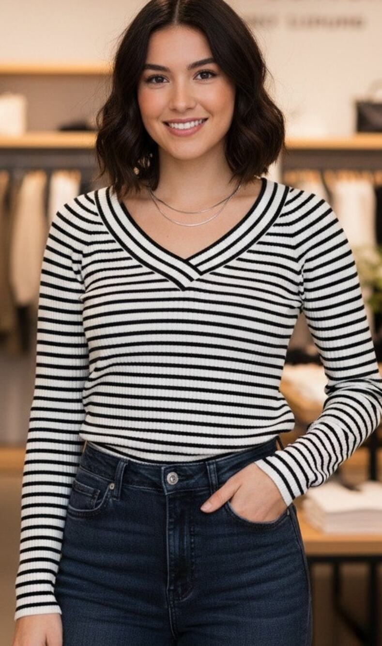 H&M Divided striped ribbed knit sweater type blouse